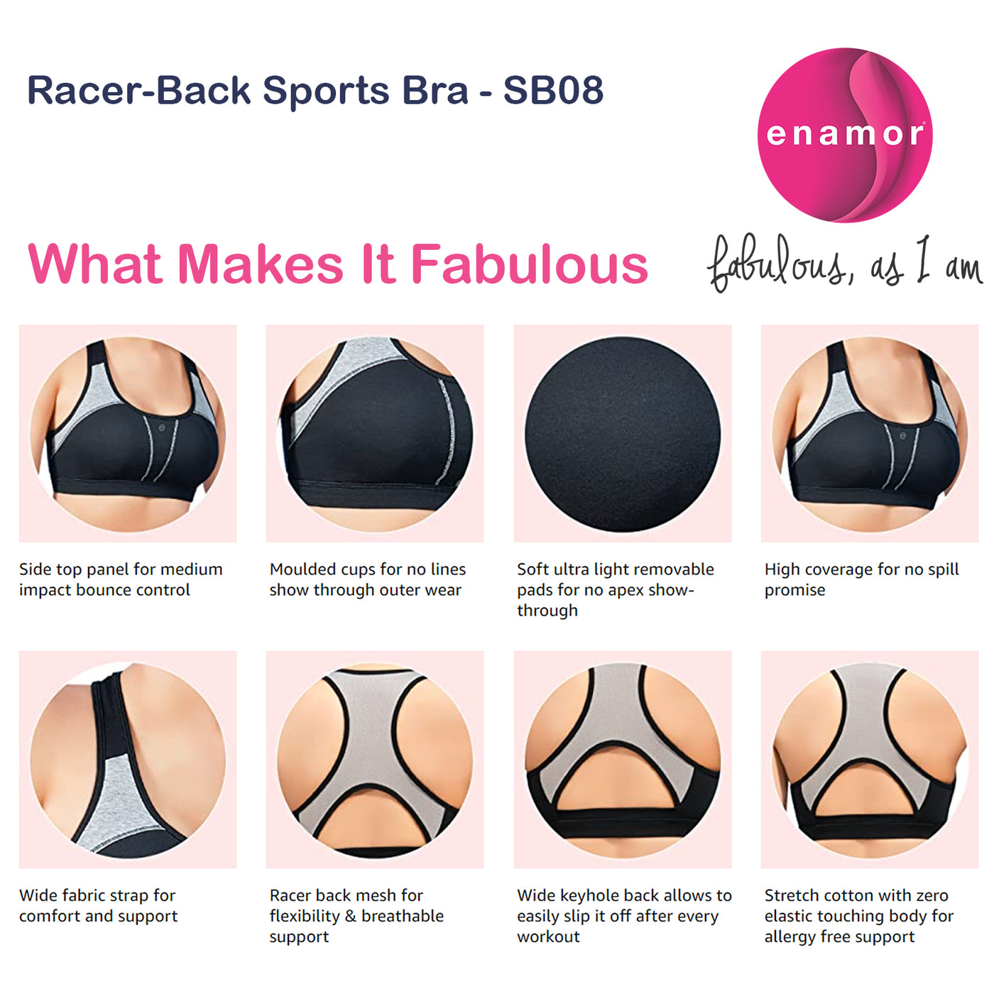 Enamor-SB08 Medium Impact Sports Bra Racer Back, Removable Pads & Wirefree